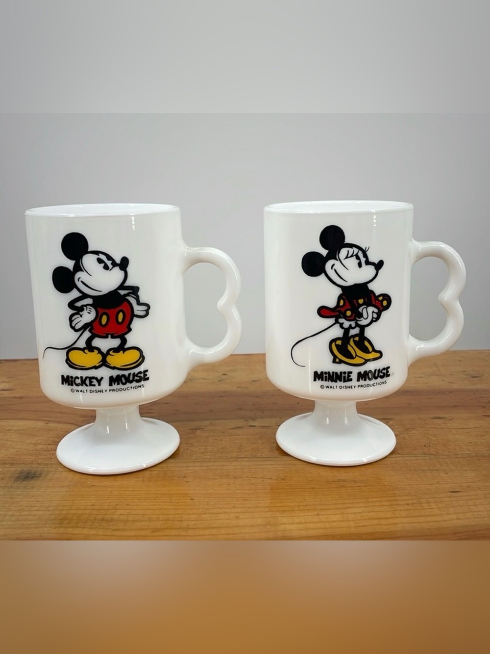 Vintage Mickey Minnie Mouse Milk Glass Pedestal Mug Set Walt Disney Productions